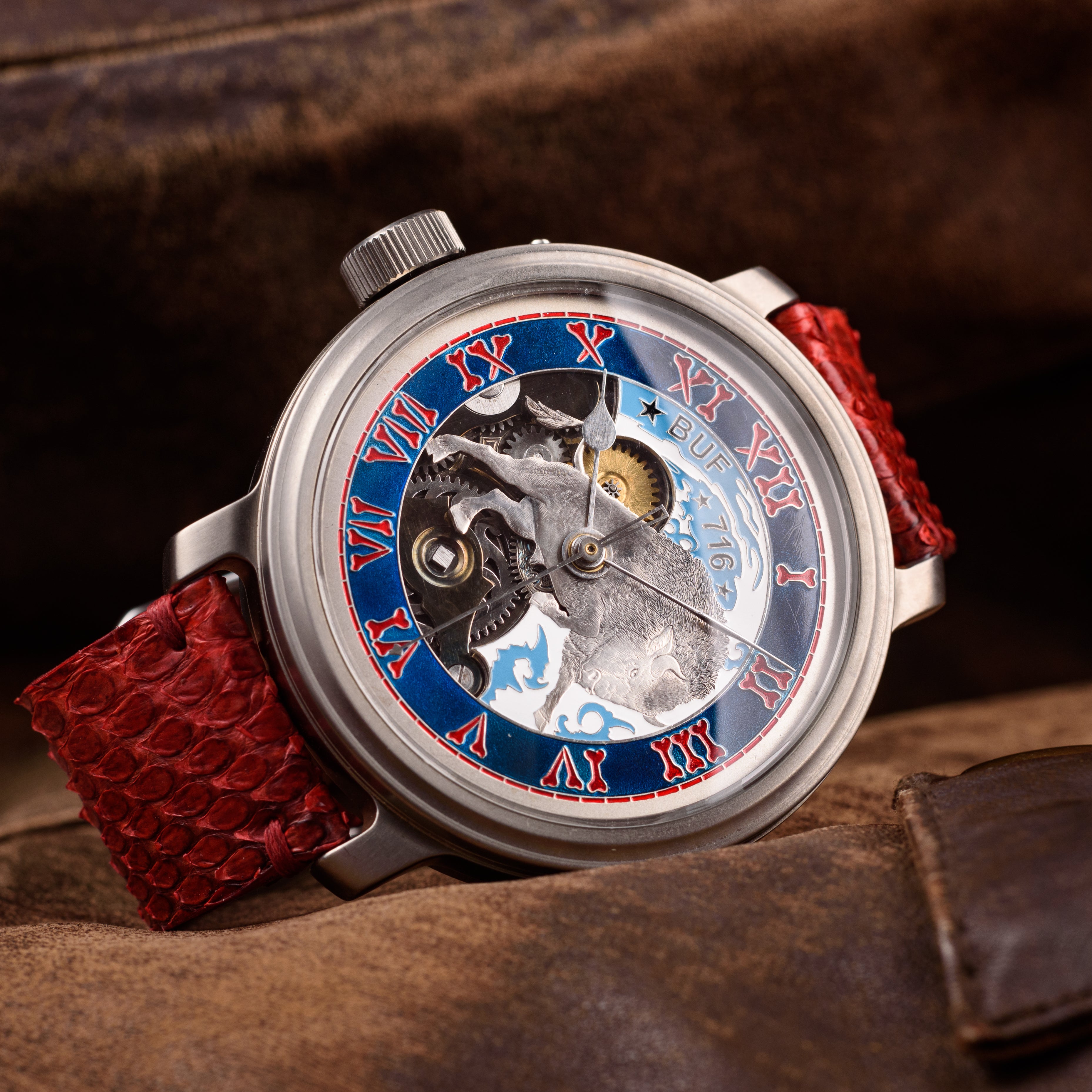 Mole, Model: Buffalo Bills, Josh Allen custom wristwatch with antique movement, new titanium case